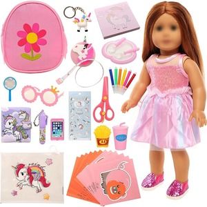 36pcs for 18 Inch Girl Doll Study Theme Kit with 1 Skirt 1 Backpack 1 Pink Glass